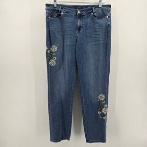 J Jill Weekender Straight Leg Floral Embroidered Jeans Med Wash Blue 12P MidRise